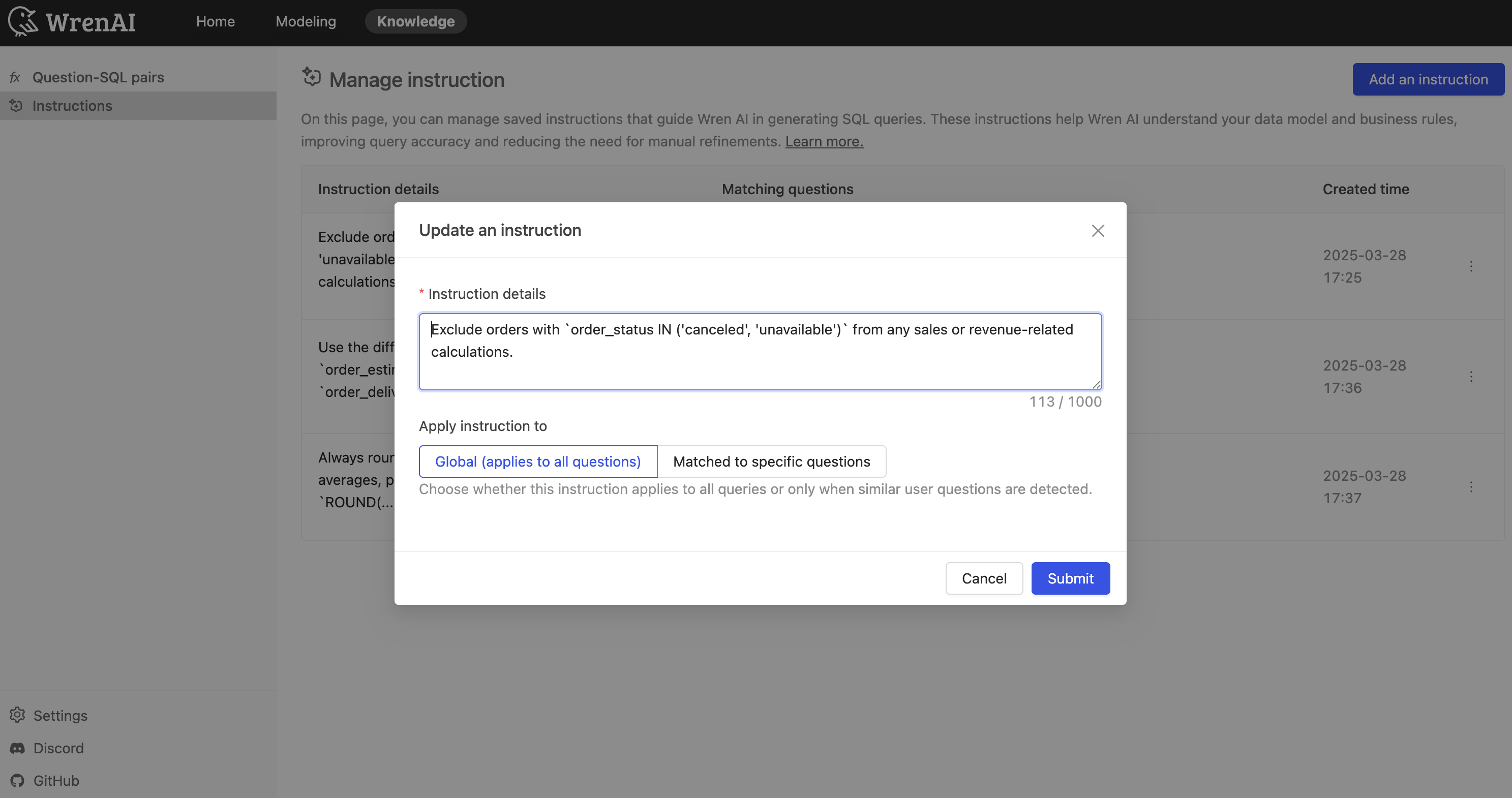 Global Instruction Example Form